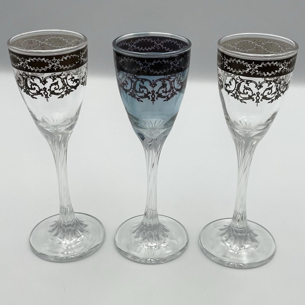 Vintage 1960s Italian Platinum Overlay Cordial Liquor Glasses Set of 3 Decorated